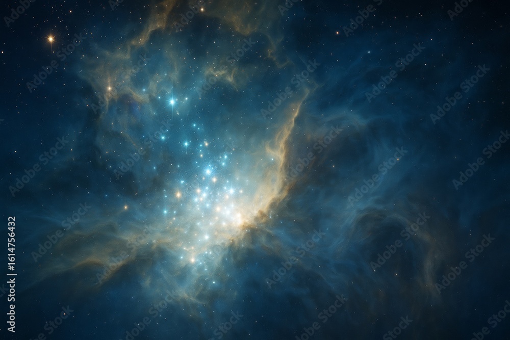 Fototapeta premium Glowing star cluster in deep space with swirling blue nebula and starry cosmic light background in a science-themed 3D space environment scene.