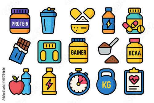 Colorful fitness supplement and equipment icons for healthy lifestyle