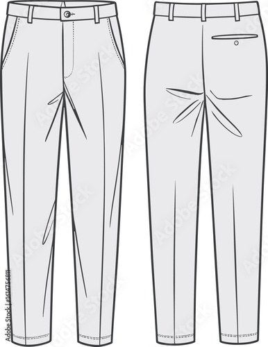 Classic formal pants front and back view, flat sketch, vector cad drawing, technical fashion illustration, tailored trousers design, garment template