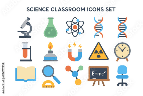 Science classroom icons set featuring lab equipment and scientific symbols