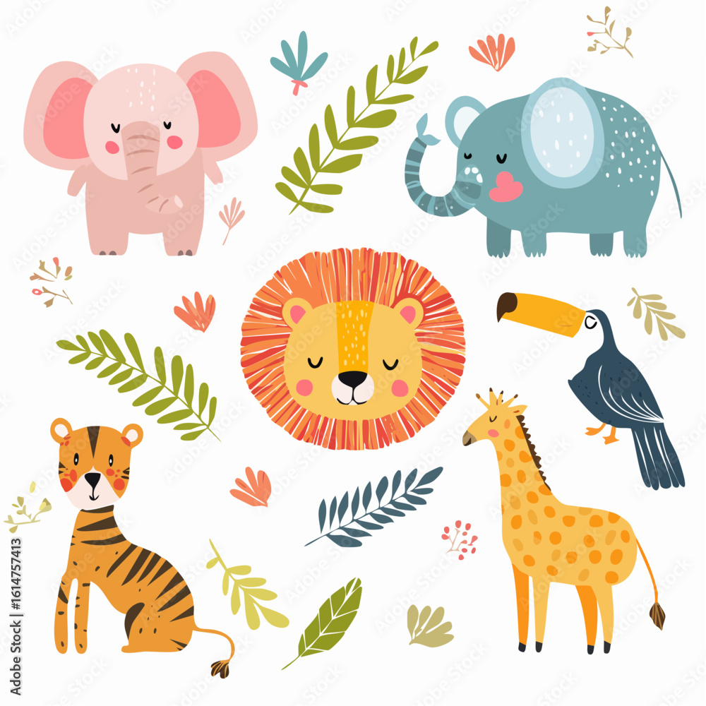 Naklejka premium Beautiful stock illustrations set with cute lion zebra toucan elephant monkey flamingo. Safari animal clip art. Isolated naive style drawing. Childish hand drawn painting