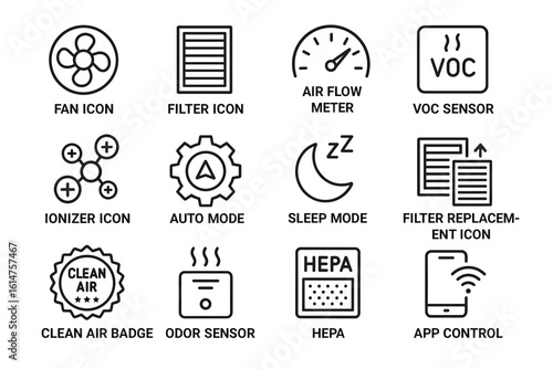 Set of air purifier icons featuring fan, filter, voc sensor, ionizer, sleep mode, and app control