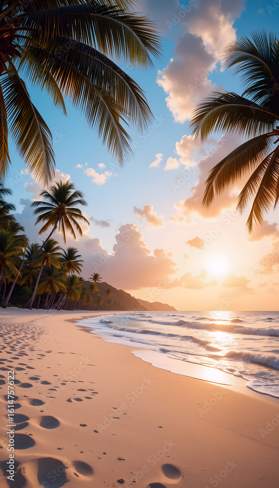 Obraz premium Tropical beach at sunset with swaying palms soft sand and vibrant sky