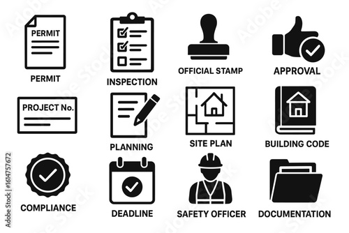 Architectural project process icons: permit, inspection, approval, safety, documentation