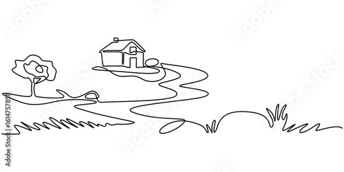 Landscape with village houses on hill. Continuous one line drawing, Rural landscape continuous one line vector drawing. Lake house in the woods hand drawn silhouette. Country nature panoramic sketch. 