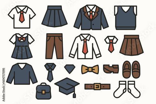 School uniform elements including shirts, ties, skirts, pants, shoes, and accessories