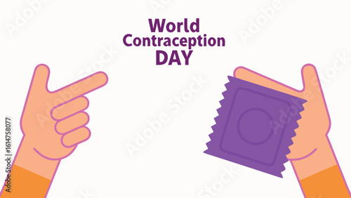 Two hands one holding condom package one pointing purple and orange finger