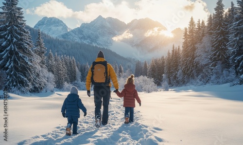 Family with small daughter enjoying a winter outdoor adventure in the Tatra mountains in Slovakia, capturing the joy and connection of family bonding in nature during the colder months, Generative AI