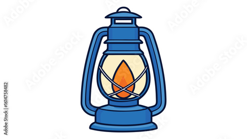 Vintage blue kerosene lantern with bright orange flame illustration lamp
