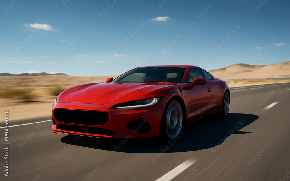 Red sports car speeding on a highway under the sky Red sports car speeding on a highway under the sky