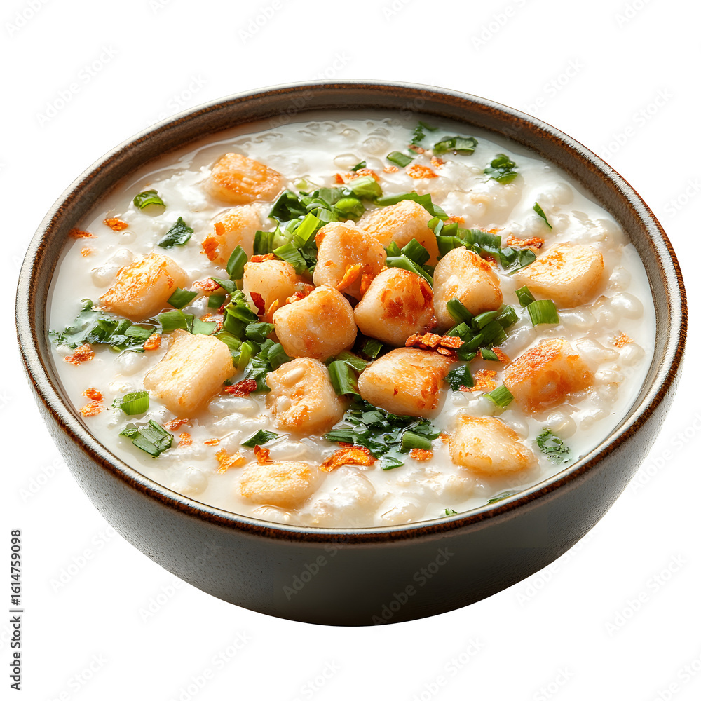Savory Rice Porridge with Youtiao isolated on a white background Savory Rice Porridge with Youtiao isolated on a white background