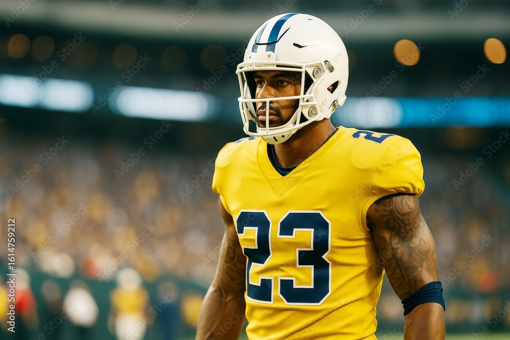 Fototapeta premium Focused American football player in yellow uniform number 23 standing on field during game under stadium lights with blurred crowd background.