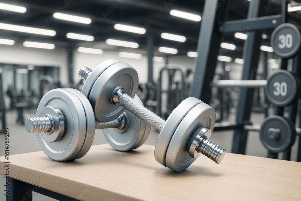 Naklejka premium Metallic dumbbells on wooden table in modern gym with blurred fitness equipment in background under bright ceiling lights. Ai generative.