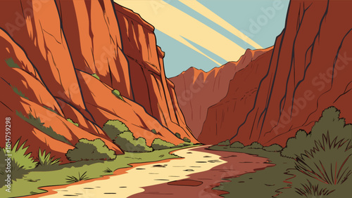 Scenic grand canyon landscape illustration of desert mountains and river nature background vector art