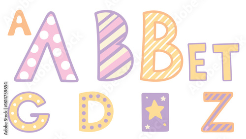Whimsical hand drawn alphabet letters with pastel patterns and polka dots vector