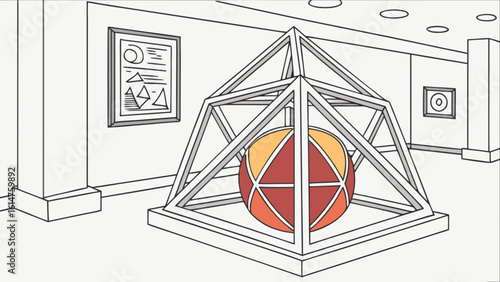 Museum art exhibit featuring geometric structure and sphere modern art gallery vector illustration