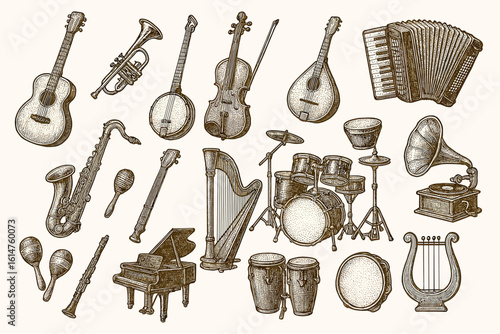 Vintage musical instruments collection including guitar, violin, drums, and saxophone