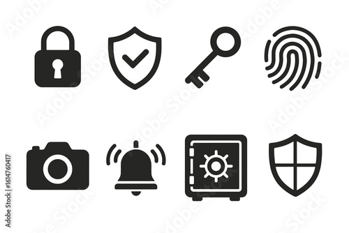 Security icons collection: lock, shield, key, fingerprint, camera, alarm, safe