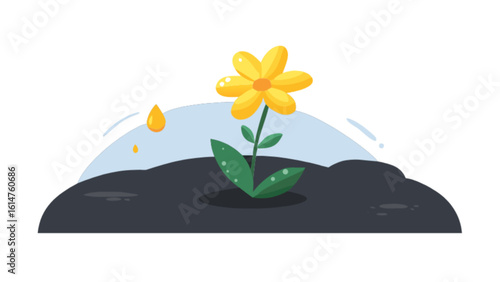 Illustration of yellow flower growing in soil with water drops spring bloom nature drawing vector art