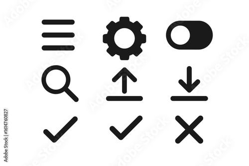 Minimalist icons: menu, settings, toggle, search, upload, download, check, cross