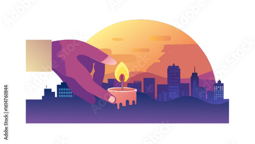 Candlelight vigil memorial service remembering loved ones in city skyline at sunset design illustration