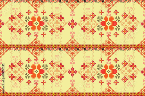 Rustic Folk Art Floral and Geometric Pattern with Pixelated Details and Warm Tones