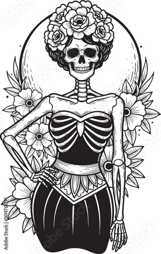 Elegant Skeleton Lady with Flower Headpiece in Formal Gothic Dress