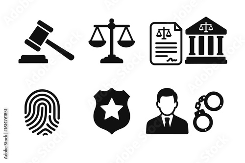 Legal and justice icons: gavel, scales, documents, courthouse, fingerprint, badge, handcuffs