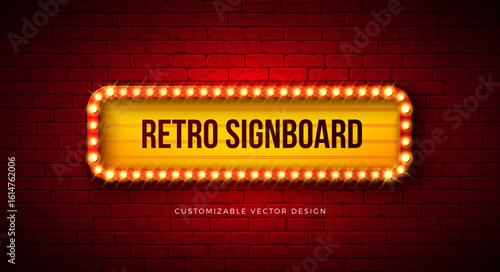 Retro Signboard Lightbox Banner Design with Glowing Light Bulb Frame Billboard on Vintage Brick Wall Background. Vector Customizable Marquee Sign Illustration for Casino Advertising, Theater Show