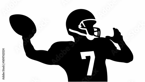 Silhouette of a football quarterback throwing a pass wearing helmet and jersey number seven on a white background