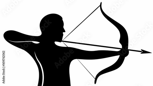 Silhouette of archer drawing bow and arrow aiming at target with focused concentration and precision