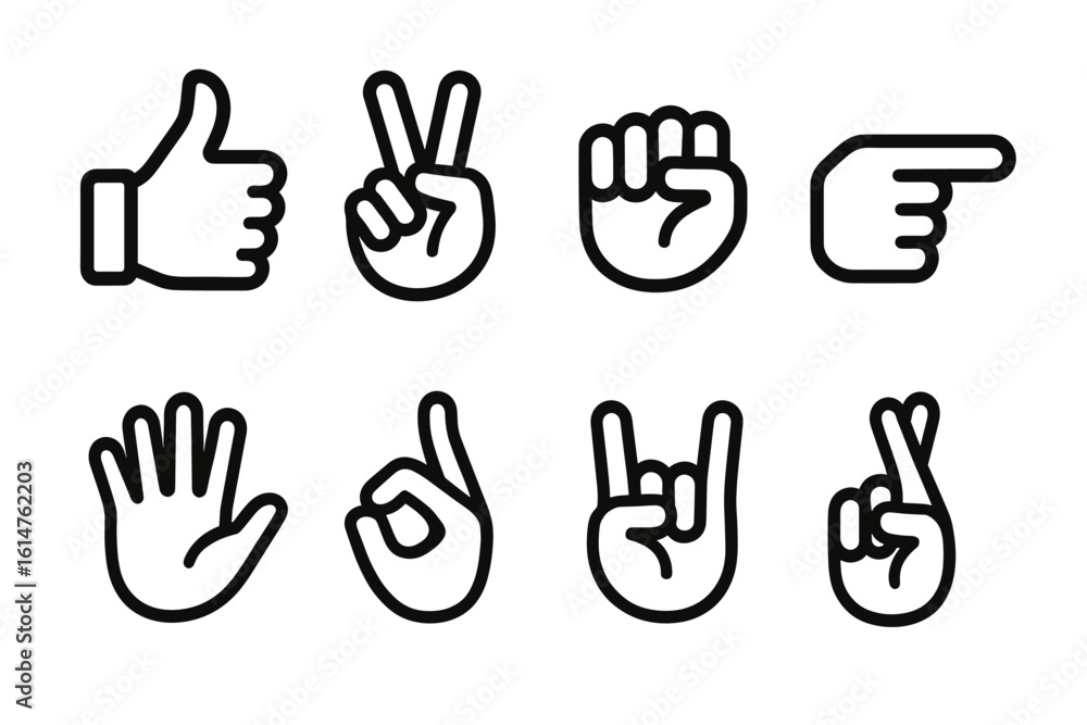 Fototapeta premium Icon set of eight hand gesture symbols in black outline design