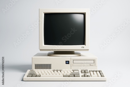 Retro beige desktop computer with CRT screen, keyboard, and floppy drive on clean white background for tech design or business copyspace template use.