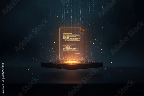 Business Contract. A glowing digital contract hovers above a sleek, floating office table. AI-generated