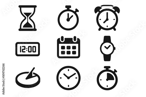 Collection of time-related icons including clocks, watches, and calendars