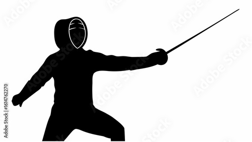 Silhouette of a fencer in protective gear holding a foil in a ready position against a white background
