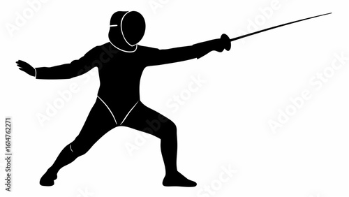 Silhouette of a fencer in action pose with foil extended during a fencing match on a white background