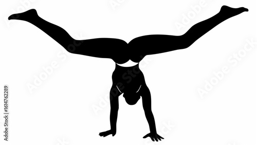Silhouette of a woman in a handstand with legs spread wide in a black and white illustration style
