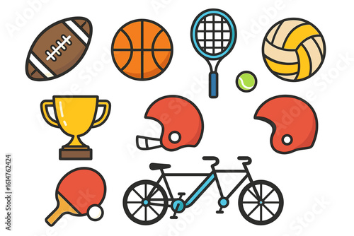 Sports equipment illustration: football, basketball, tennis, volleyball, trophy, helmets, ping pong paddle, bicycle