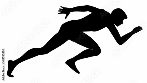 Silhouette of a runner in motion with arm extended and leg bent in a black and white illustration