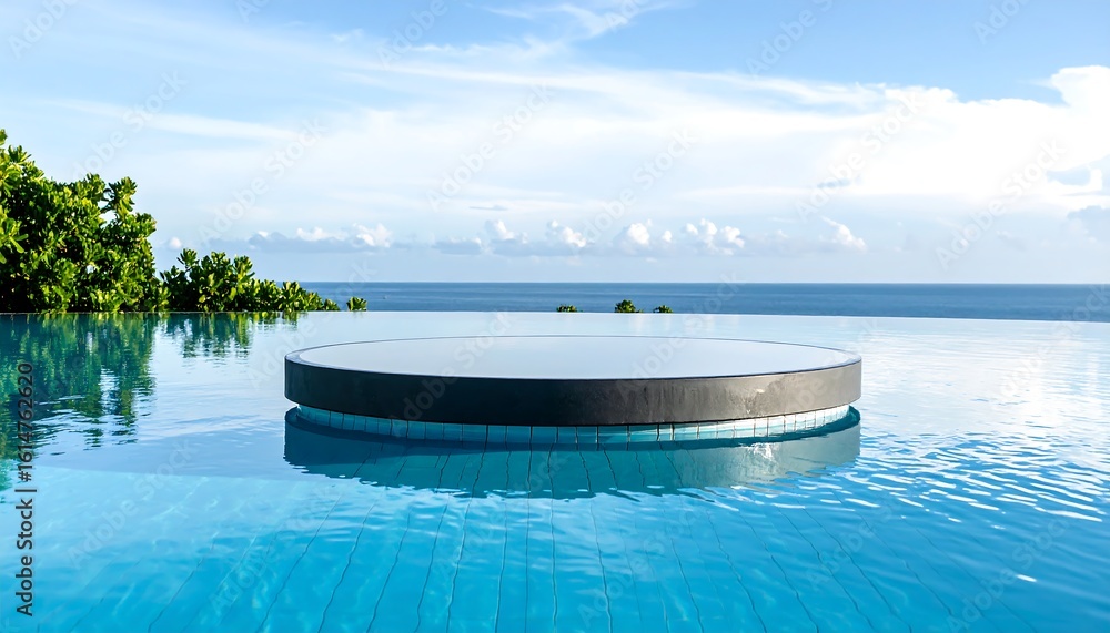 Obraz premium Poolside circular platform, tranquil ocean view