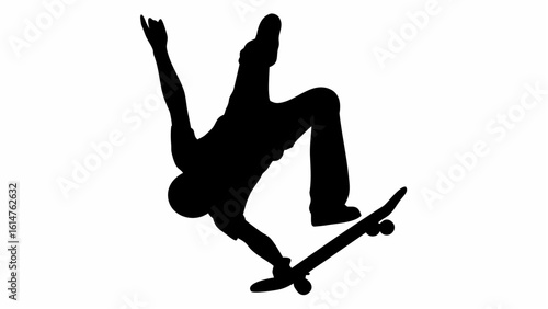 Silhouette of a skateboarder performing a trick with one hand raised against a white background image