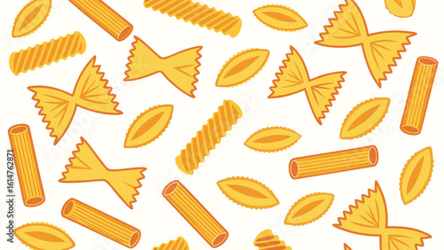 Yellow pasta shapes farfalle rigatoni fusilli and oval on white food italian