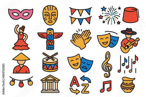 Colorful cultural symbols including masks, music, and dance