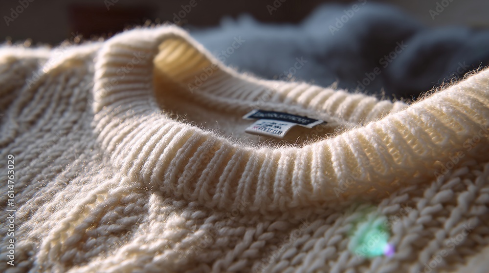 Obraz premium Close-up of textured beige wool sweater on soft surface in sunlit room
