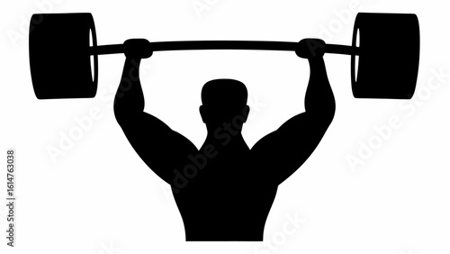 Silhouette of muscular man lifting a barbell overhead with arms extended in a weightlifting exercise