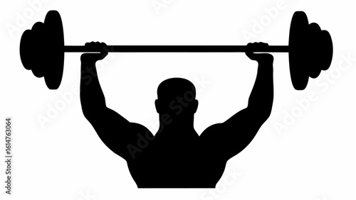 Silhouette of a muscular man lifting a barbell overhead in a weightlifting exercise position with arms raised