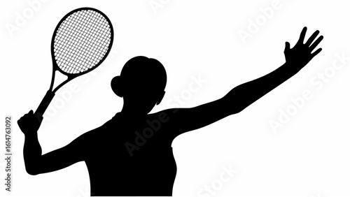 Silhouette of a tennis player serving with a racket raised and arm extended in a black and white image