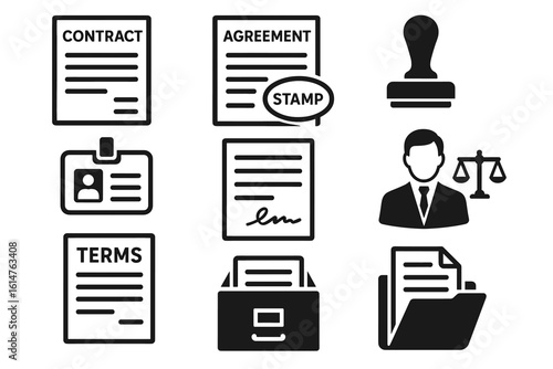 Legal document icons and lawyer symbols collection with contracts and stamps