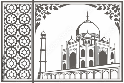 Illustration of the taj mahal with intricate geometric and floral border elements in monochrome style